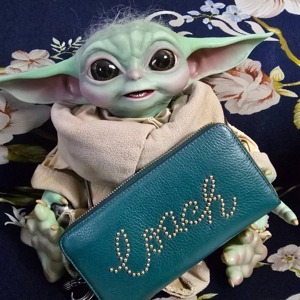 Coach Viridian Gold Studded Script Zip Around Wallet